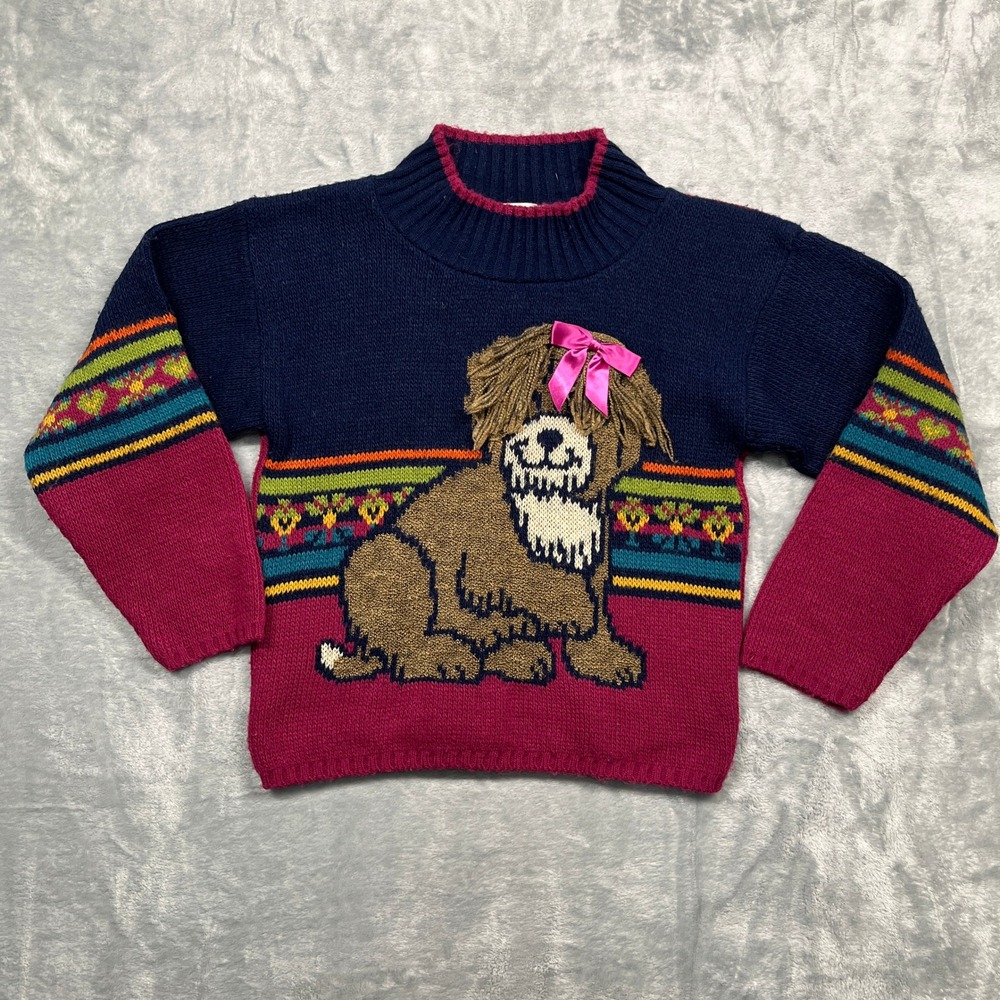 Heartworks Dog Intarsia Sweater Kids Size 4 Small Navy Magenta Vintage 90s USA